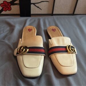 Gucci Cream Mules with Gold and Red Accents